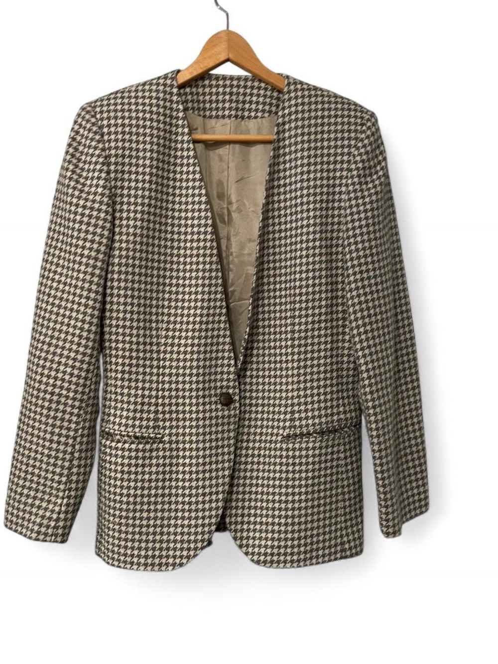 Ashley Brooke Women's 8 Gray Ivory Houndstooth One Button Blazer Suit Jacket